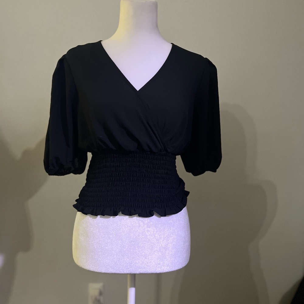 Express Women's Black Smocked Waist V-Neck Top